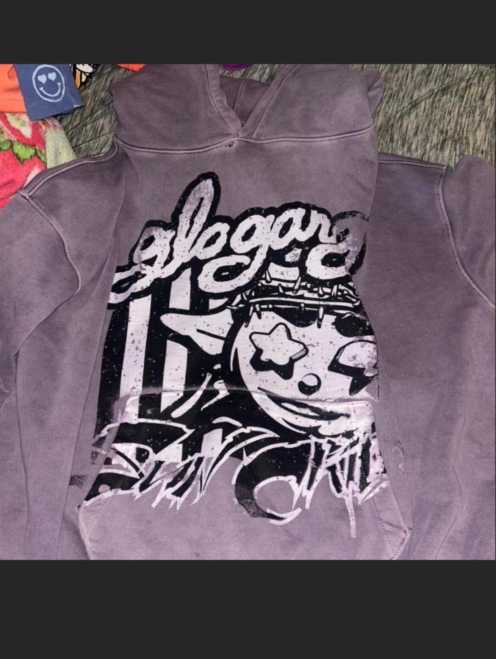 Graphic Hoodie with Smiley Star Face - Purple